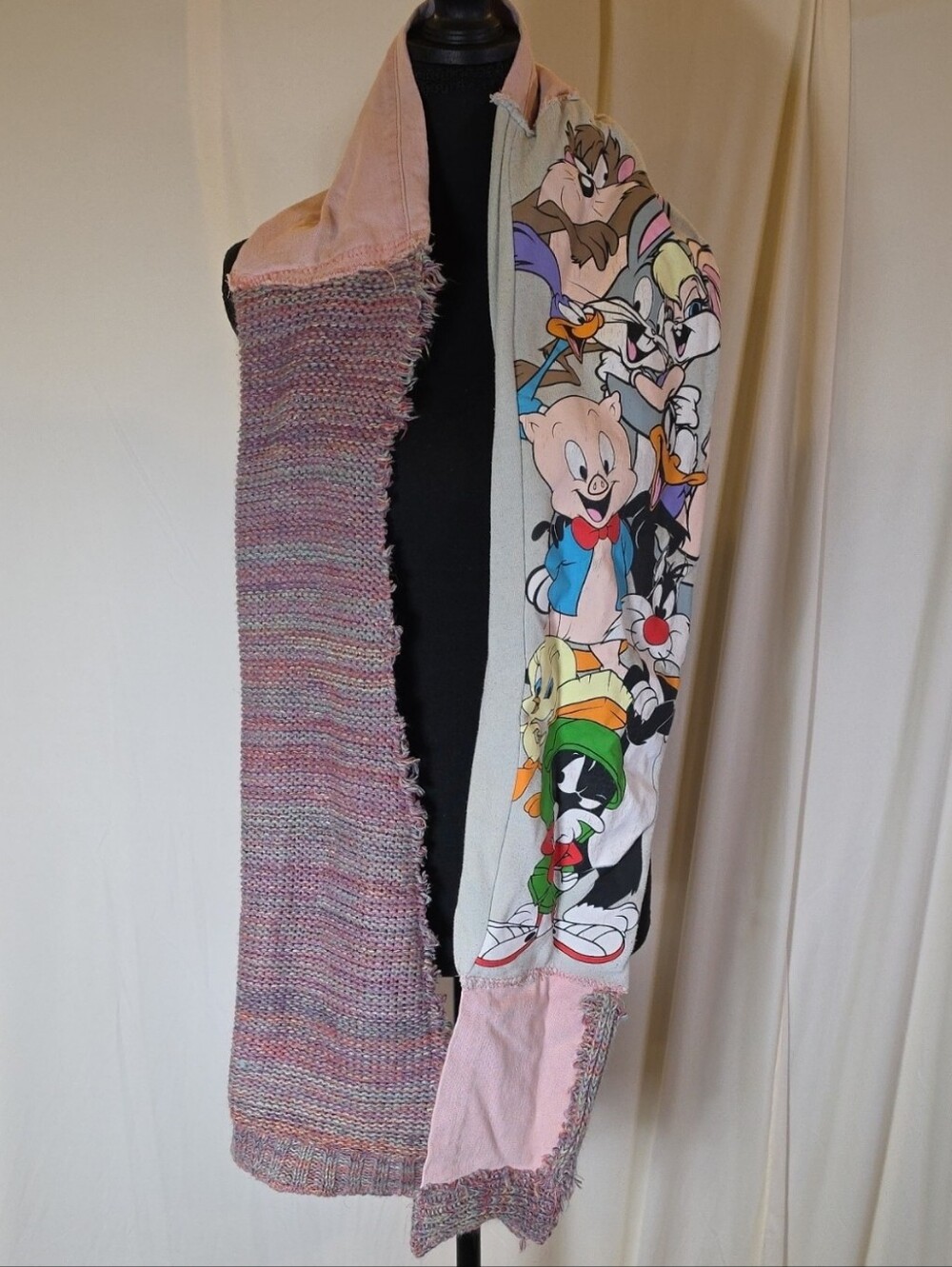 Handmade Upcycled Denim Knit Looney Tunes Character Scarf 77in Boho Y2K OOAK
